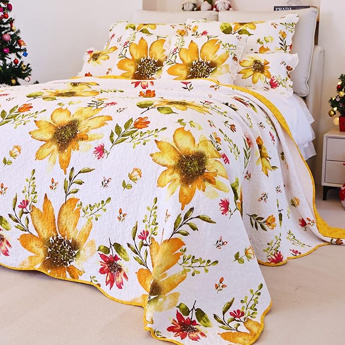 100% Cotton Quilt Queen Size Orange Sunflower Bedding Set Floral Lightweight Quilt