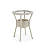 All-Weather Wicker Outdoor Round Glass-Top Accent Table with Storage
