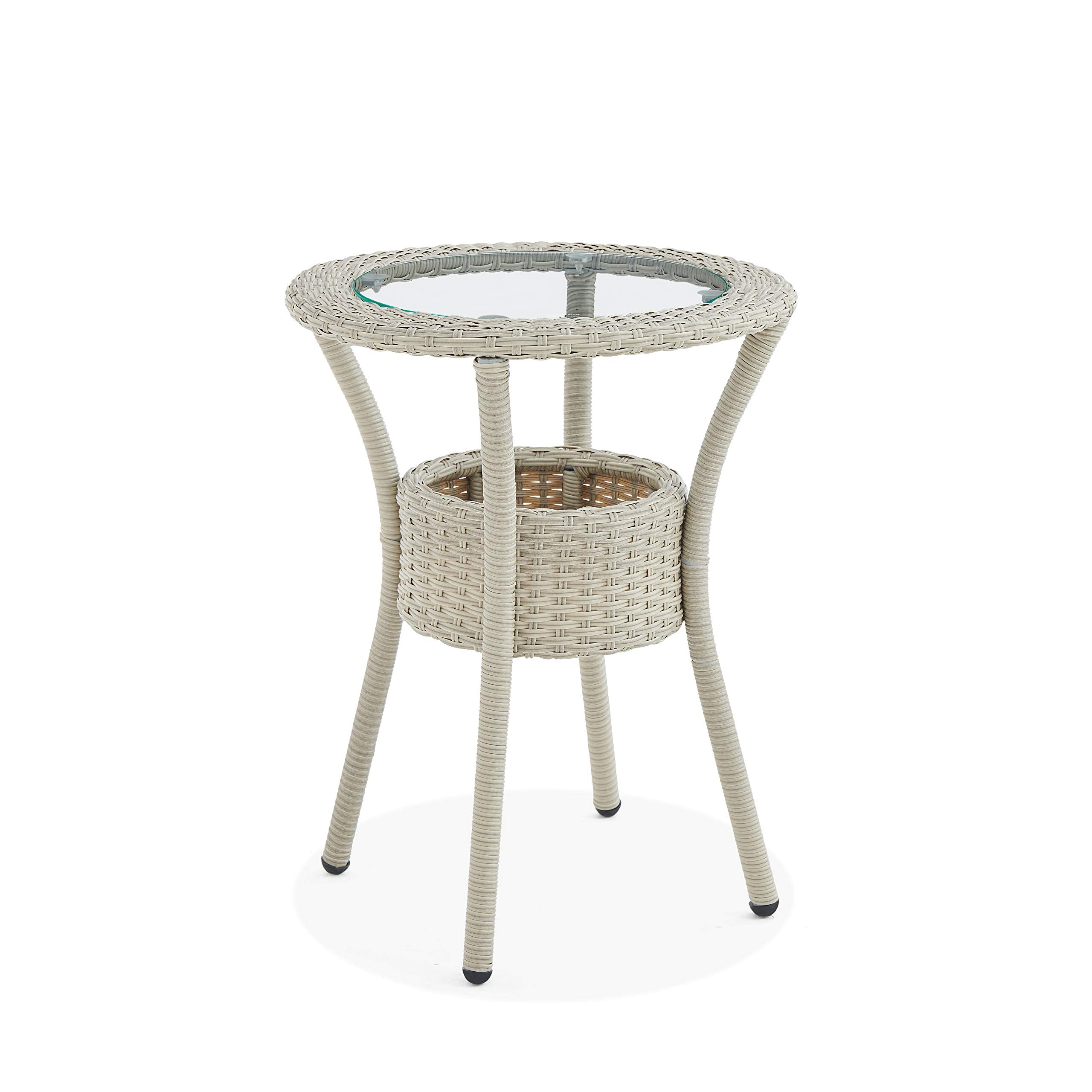 All-Weather Wicker Outdoor Round Glass-Top Accent Table with Storage