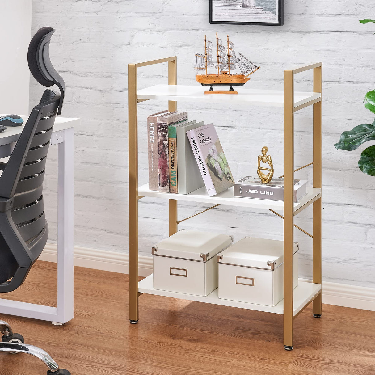 37.09" H 3 Tier Bookshelf, Modern Small Book Shelf for Small Spaces, White Gold Wooden Shelves for Bedroom Living Room and Home Office, 13.78" D x 24.12" W x 37.09" H, JCJ42M