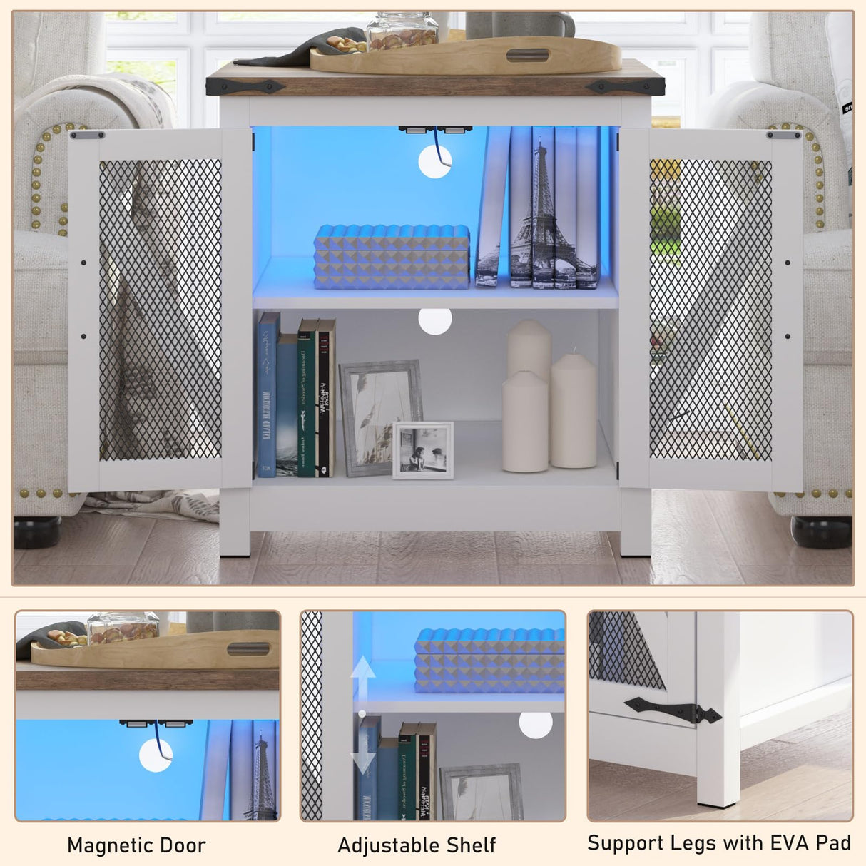 End Table, 24" Large Sofa Side Table with Charging Station, Mesh Barn Door