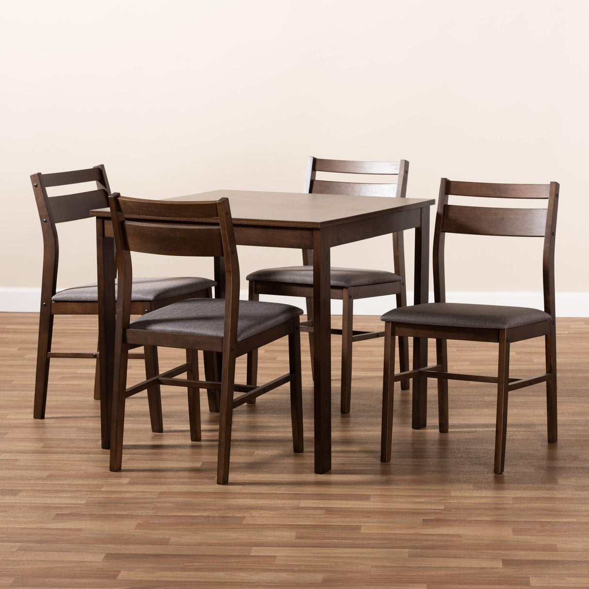 Lovy Modern and Contemporary Gray Fabric Upholstered Dark Walnut-Finished 5-Piece