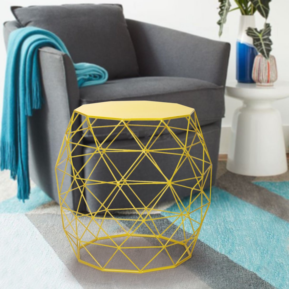 Home Garden Accents Wire Round Iron Metal Stool Side End Table Plant Stand Chair Hatched