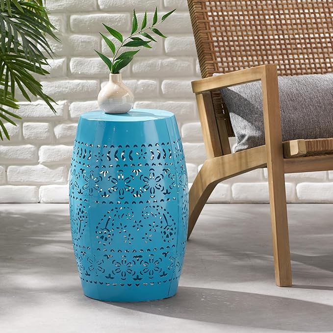 Black Round Drum Accent Table, Iron Metal Patio Side Table, 12.25" x 12.25" x 18"