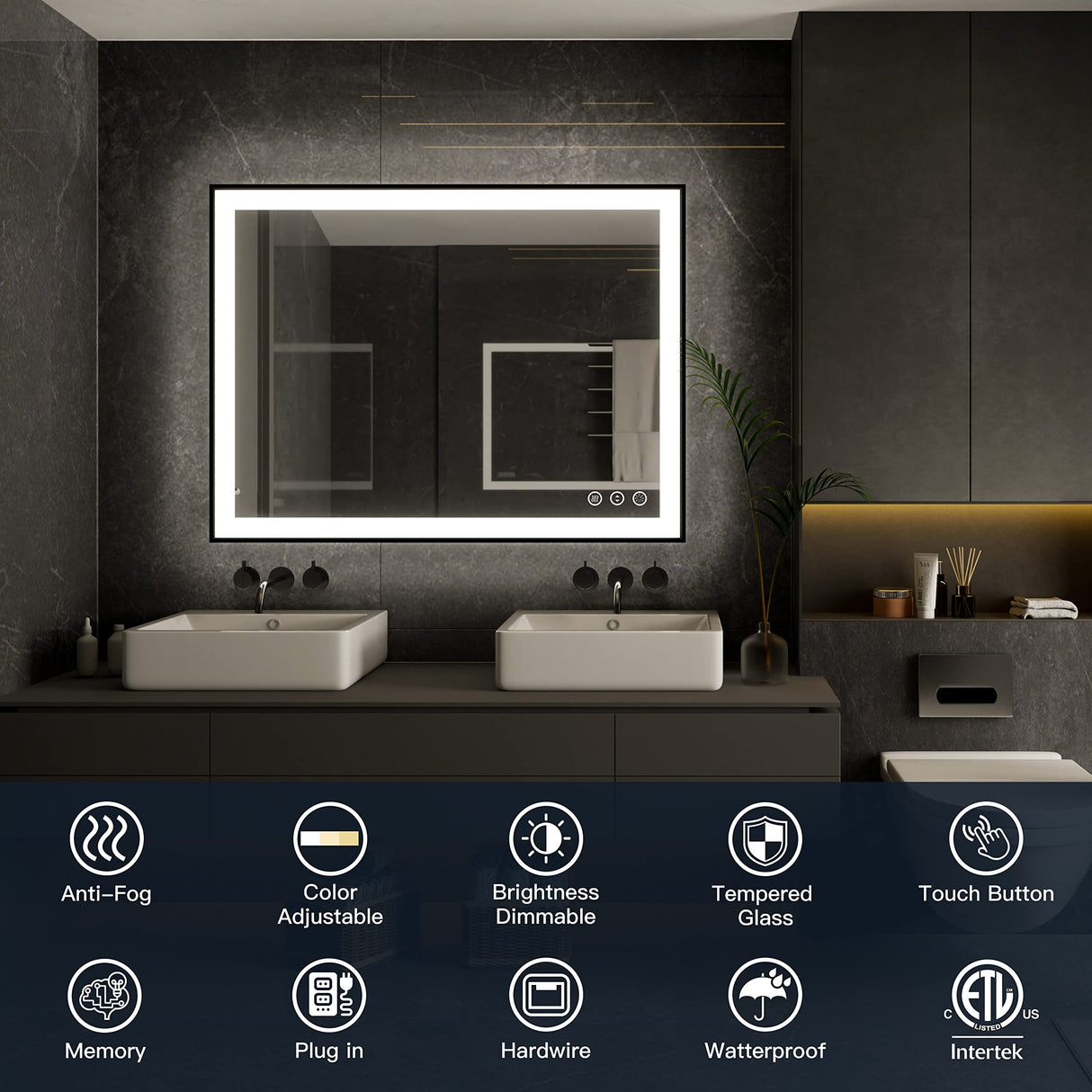 40x30 Dimmable LED Bathroom Mirror with Anti-Fog & Memory Function