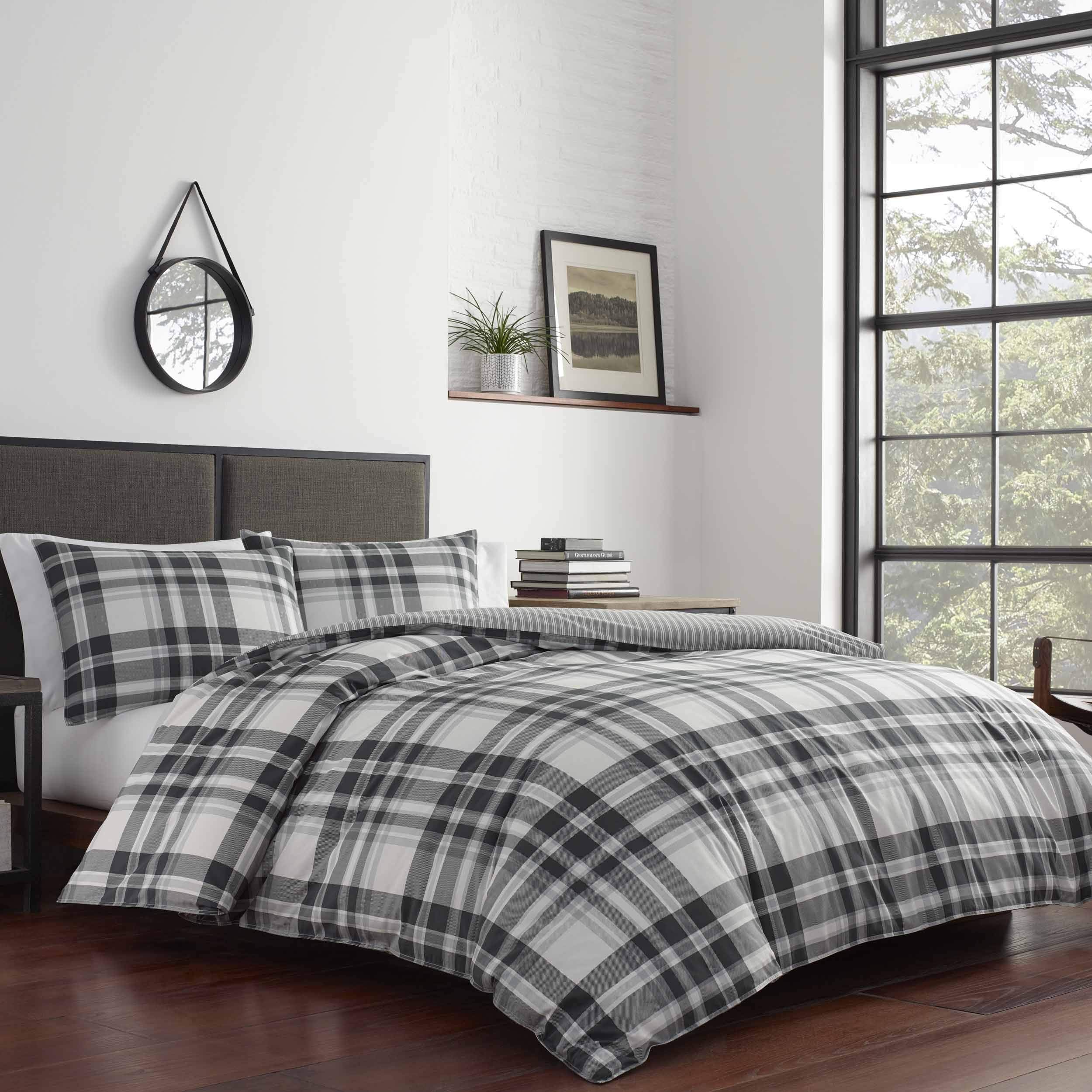 King Comforter Set - Cotton Reversible Plaid Bedding with Matching Shams