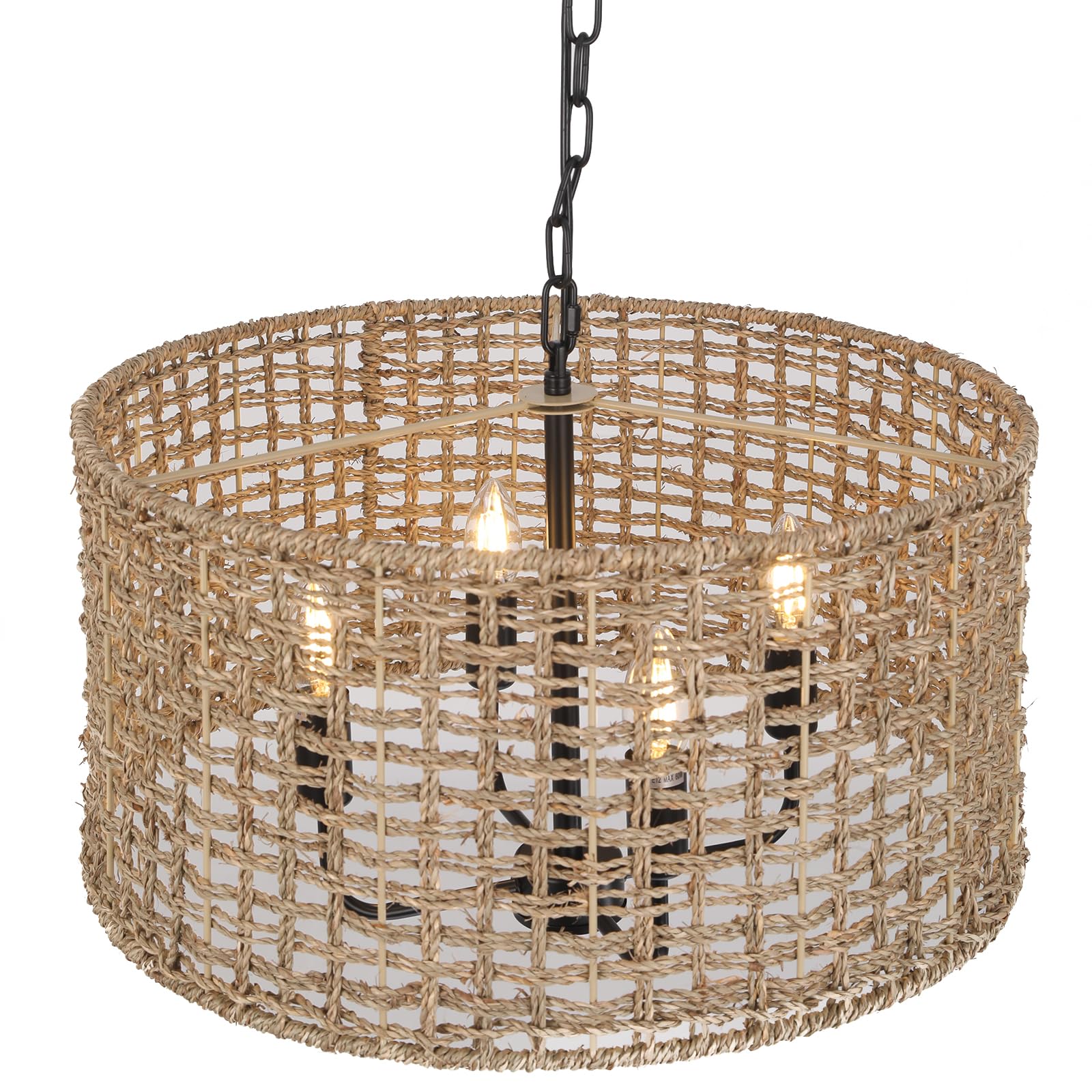 Rattan Chandeliers, 20inch Vintage Pendant Light Fixture, Farmhouse Hand Woven