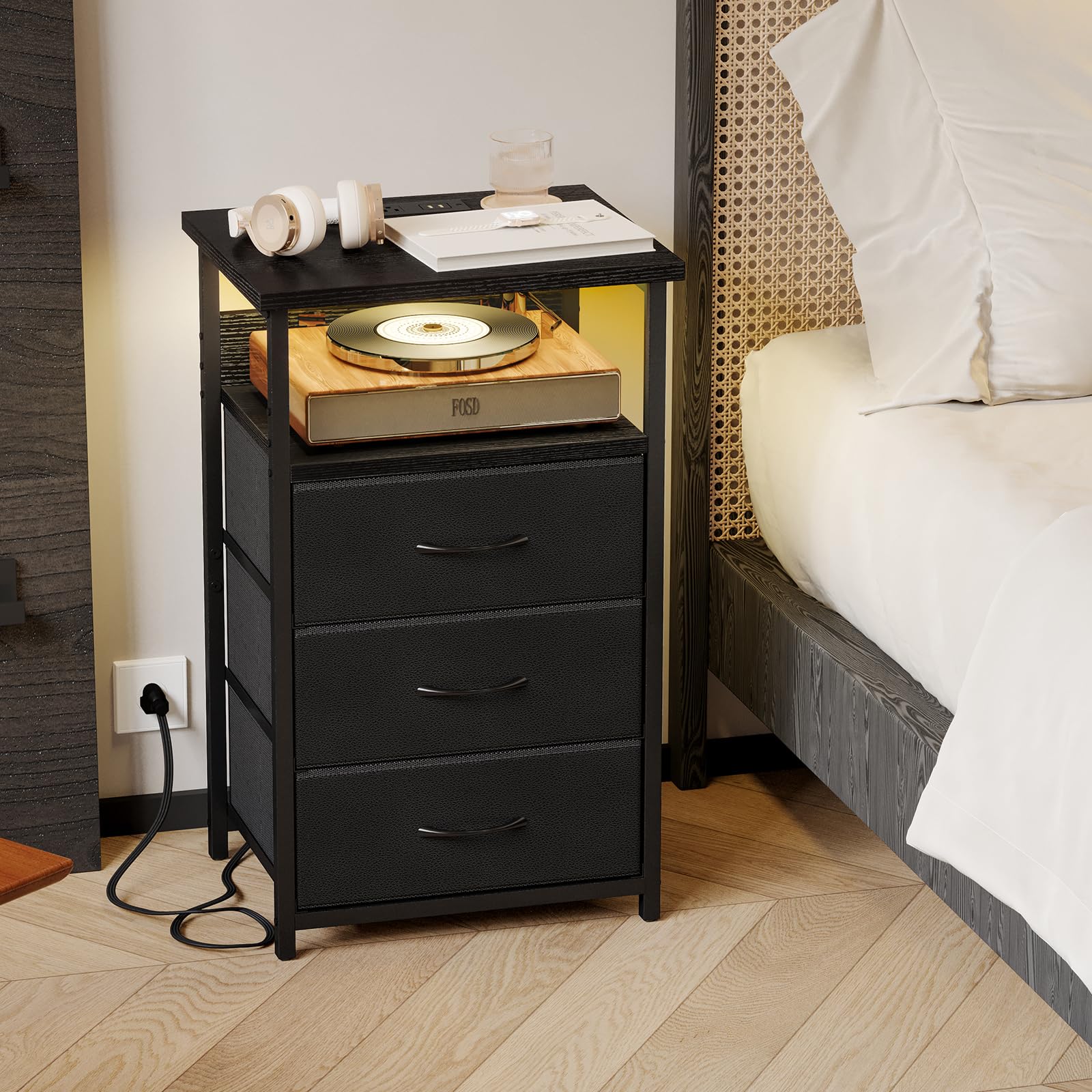 Night Stand with Charging Station, LED Nightstand with USB Ports and Outlets