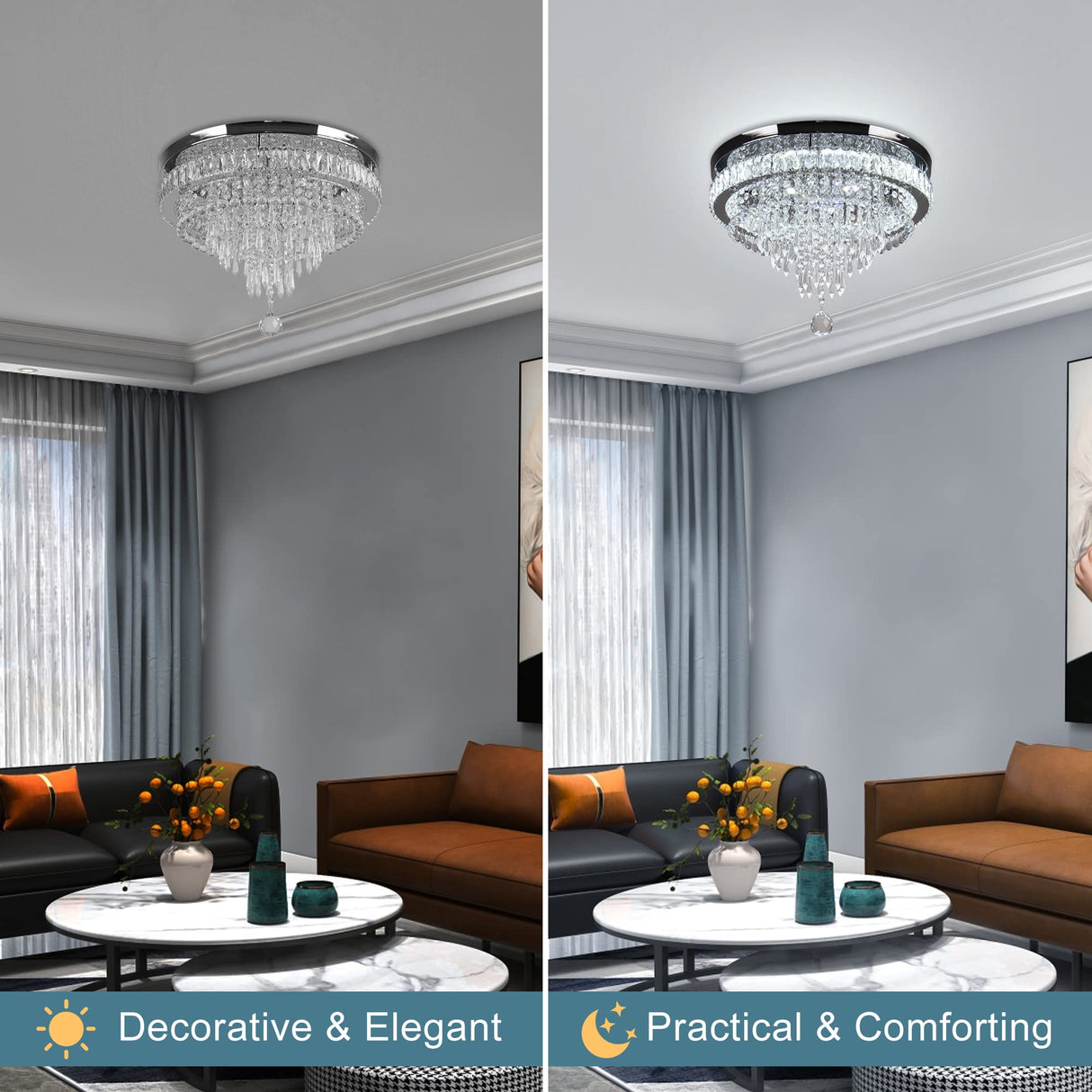 19.7" Crystal Chandeliers Crystal Ceiling Light Fixtures LED Flush Mount Light Modern