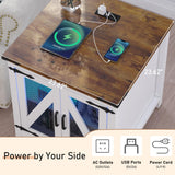 End Table, 24" Large Sofa Side Table with Charging Station, Mesh Barn Door