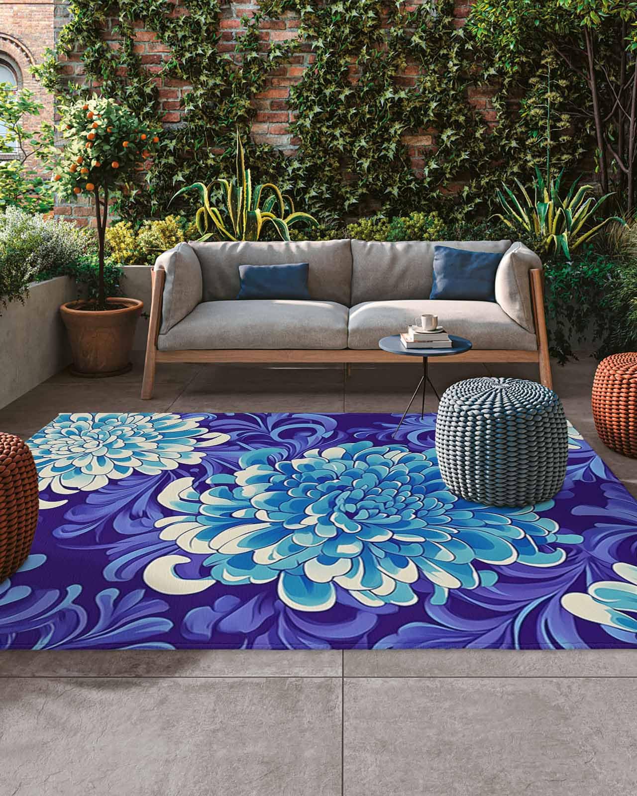 Outdoor Rug 5x8 ft Blue Flowers Outdoor Large Area Rug Non Slip Rubber Purple Painting
