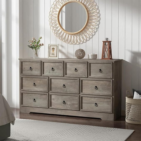 7 Drawers Dresser for Bedroom, Rustic Wood Dresser with Power Outlet, Wide Chest