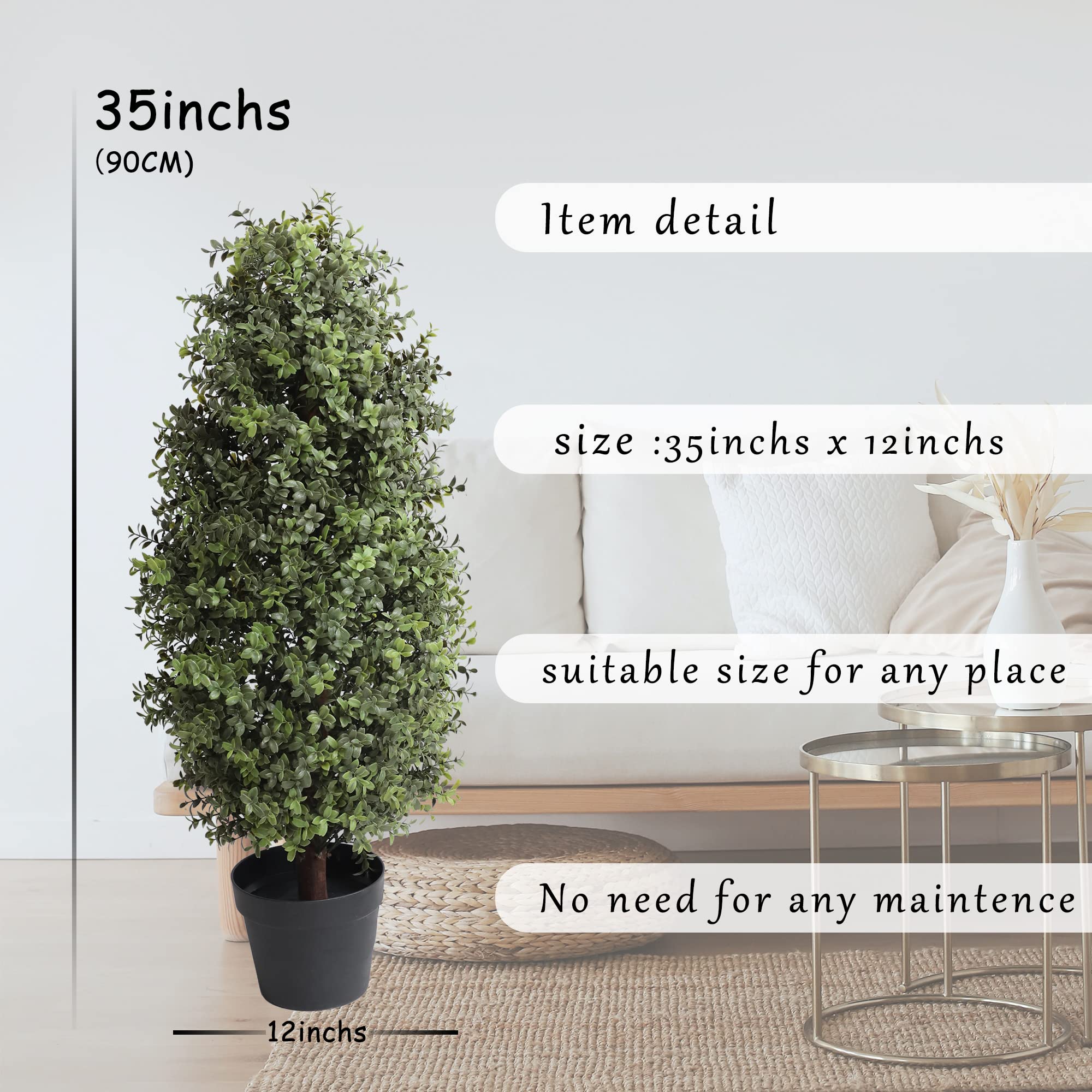 Artificial Topiary Boxwood Tree, Faux Shrub, Includes Black Plastic Pot, 2 Packs Fake Trees, Home Decor for Indoor and Outdoor, Faux Plants Outdoor, Artificial Greenery Set,35inch