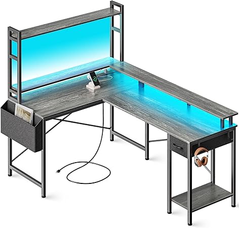 L Shaped Desk Gaming Desk with LED Lights & Power Outlets, Computer Desk