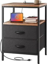 Nightstand with Charging Station, Side Table with Fabric Drawers, End Table with Open