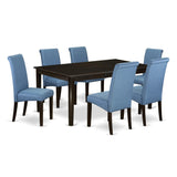 East West Furniture HEBA7-CAP-21 Henley 7 Piece Set Consist of a Rectangle Dining Room Table with Pedestal and 6 Blue Color Linen Fabric Upholstered Chairs, 42x72 Inch, Cappuccino