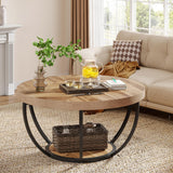 31.7" Round Coffee Table, Industrial 2-Tier Circle Coffee Table with Storage Shelves