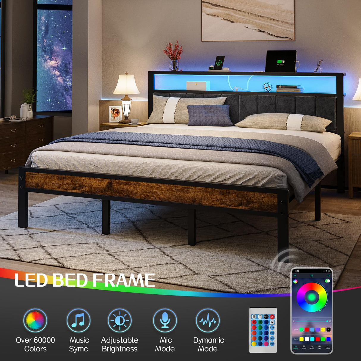 King Size Platform Bed Frame with LED Lights and Storage Shelves