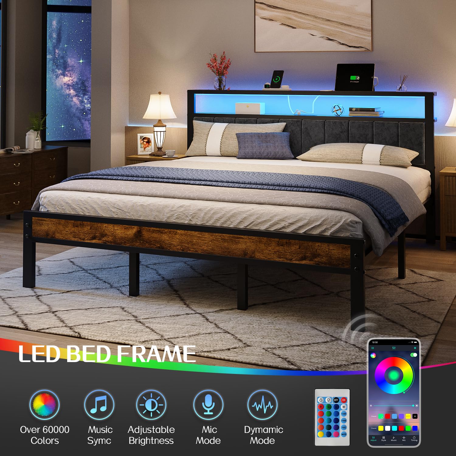 Liians King Size Platform Bed Frame with LED Lights, Grey Upholstered Headboard with 2-Tier Storage Shelves, Charging Station, Noise Free, No Box Spring Needed, Easy Assemably