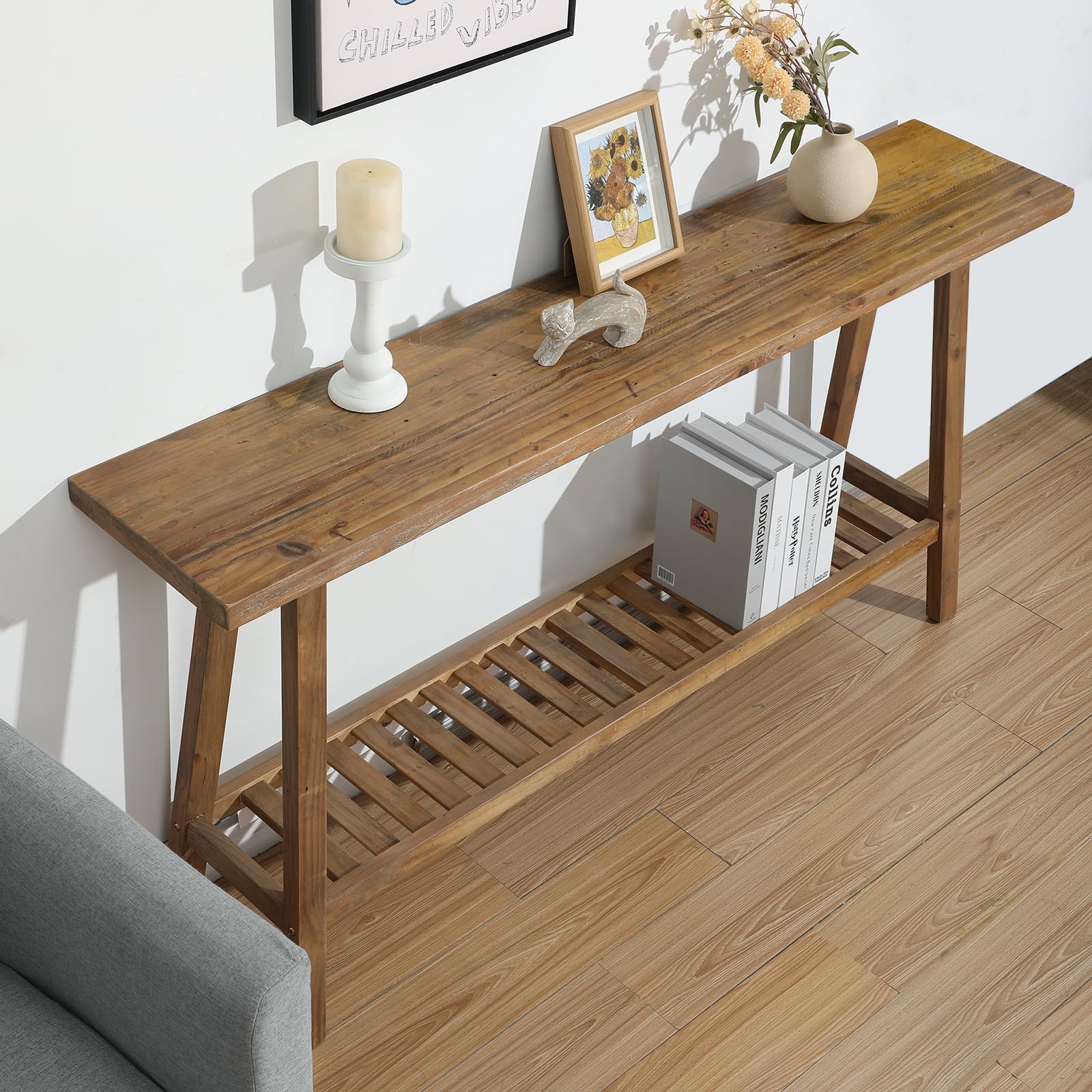 Reclaimed Wood Console Table 59" - Farmhouse Entryway Table with 2-Tier Storage