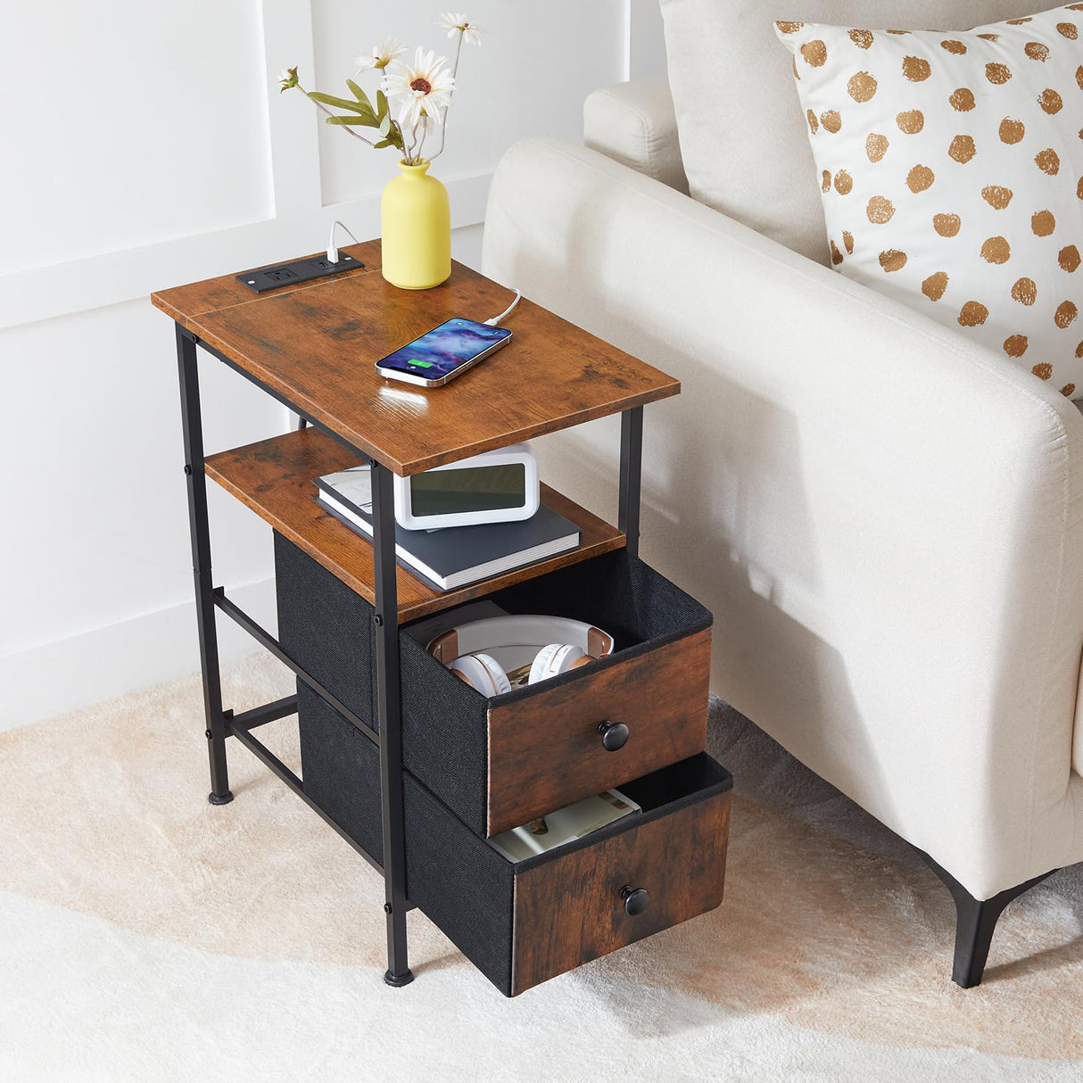 End Table with Charging Station, Narrow Side Table,