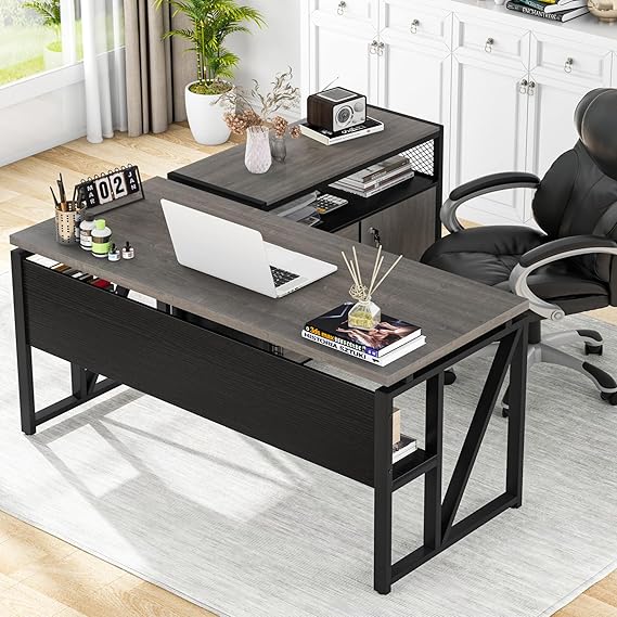 L Shaped Desk with Drawer Cabinet, 55" Executive Computer Desk