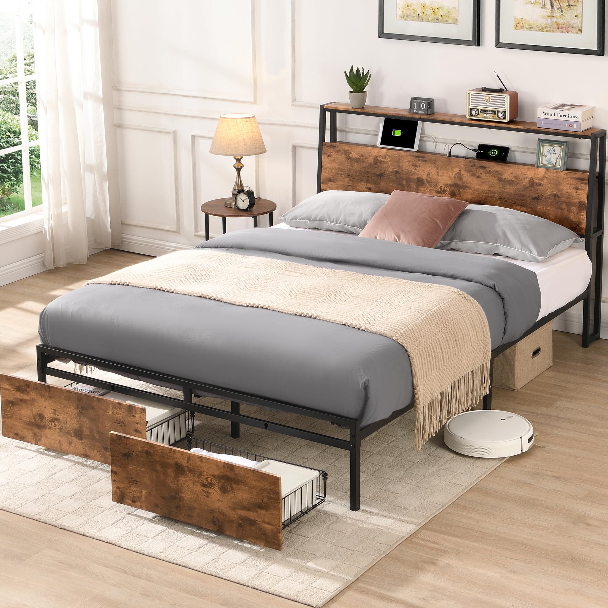Queen Size Bed Frame with Ergonomic Headboard, Platform Bed Frames Queen