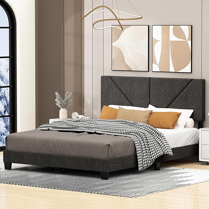 Queen Bed Frame with Headboard, Linen Upholstered Platform Bed Frame