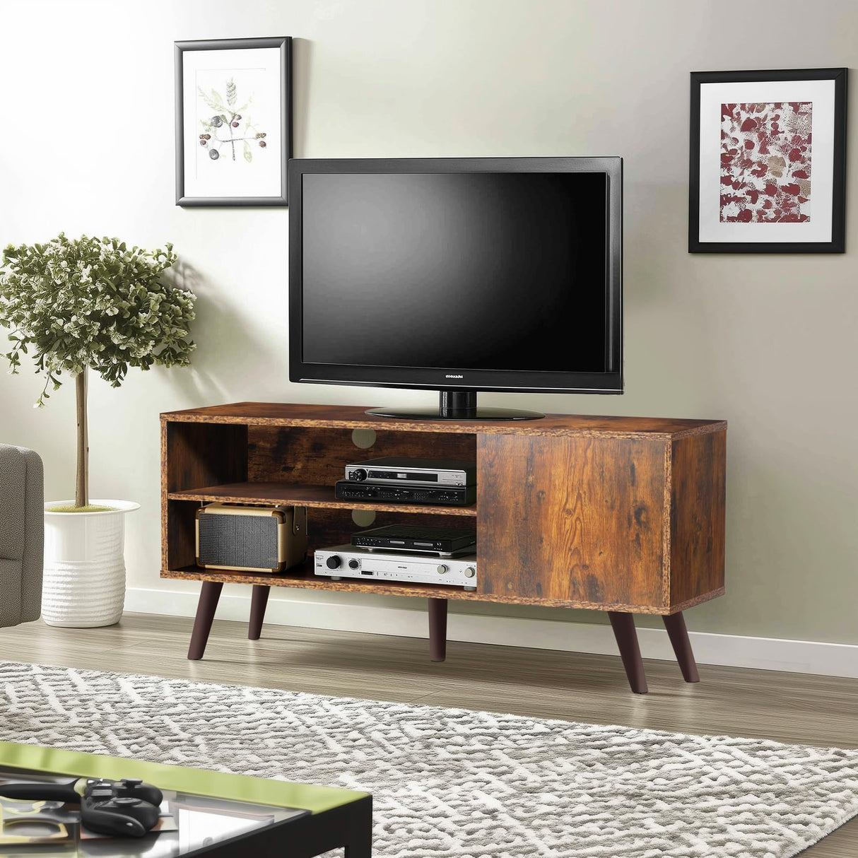 55 Inch TV, Retro Brown Wood Television Stand 1 Cabinet Modern Entertainment Center