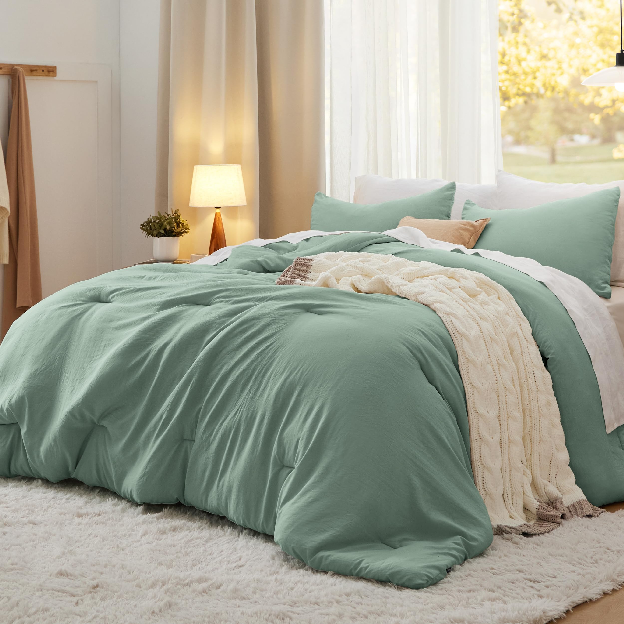 Full Size Comforter Set - Sage Green Prewashed Bedding (3 Pieces)