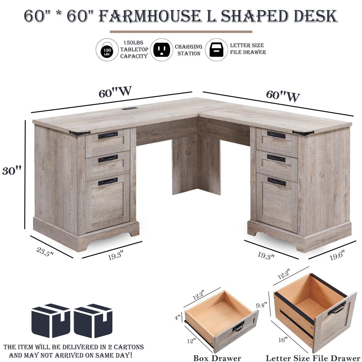 60" Farmhouse L Shaped Executive Desk with Drawers, Wood Home Office