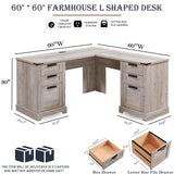 60" Farmhouse L Shaped Executive Desk with Drawers, Wood Home Office