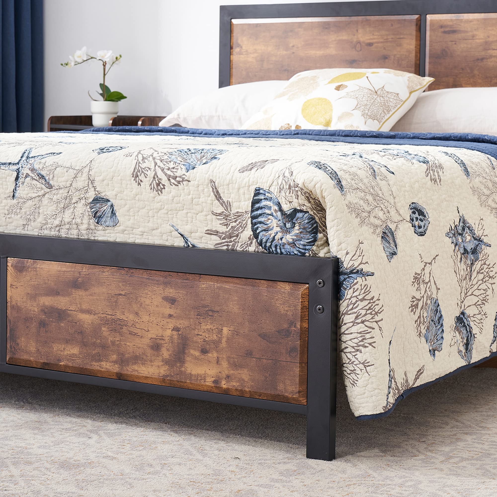 Full Platform Bed Frame/Mattress Foundation with Rustic Vintage Wood Headboard,