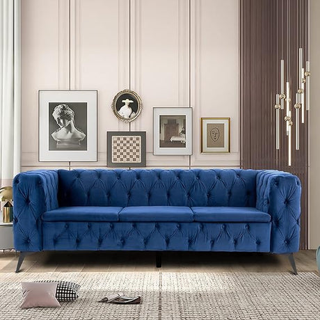 Chesterfield Loveseat, Modern 2 Seater Accent Sofa Velvet Couch with Square Arms