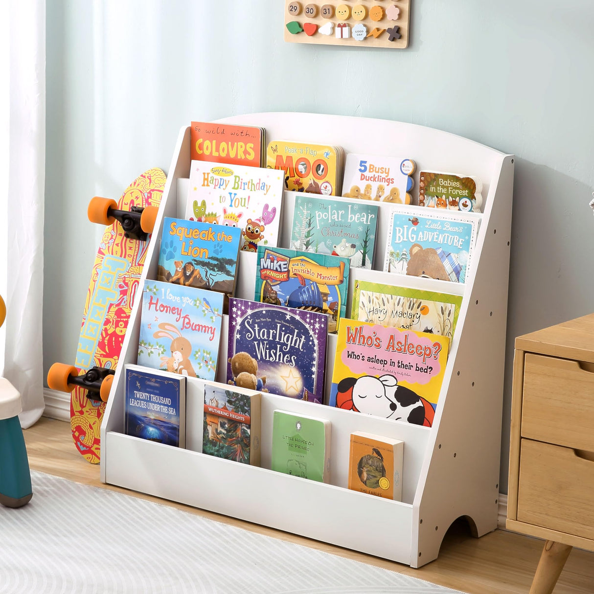 5-Tier Kids Bookshelf - Toddler Book Display Shelves for Classrooms, Playrooms, and Nursery - Wooden Children Book Rack (White)