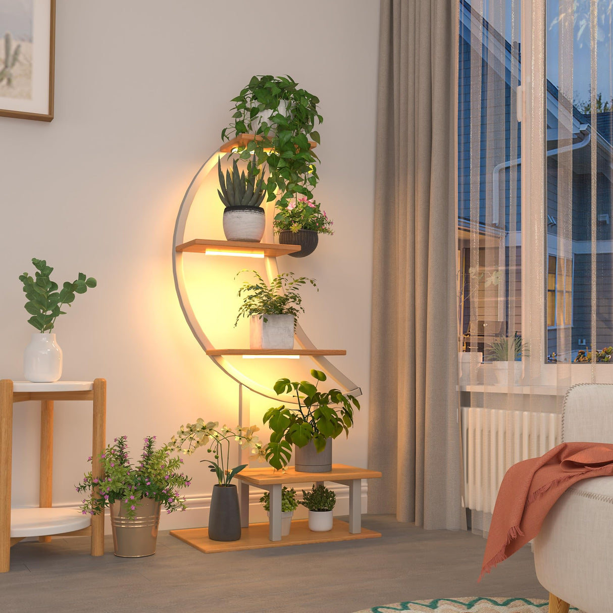 LunaGlow Corner Plant Stand - Tall 5-Tier Indoor Shelf with Grow Lights