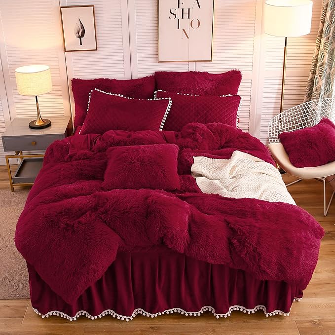 Terracotta Plush Shaggy Duvet Cover Set, Soft Velvet Fluffy Comforter Quilt Cover Bedding Set(1 Faux Fur Fuzzy Duvet Cover + 2 Pompoms Pillow Cases), Zipper Closure(King, Burnt Orange)