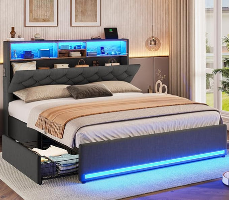 Bed Frame with Hidden Storage Headboard & LED Lights – Full & Queen