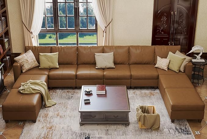 Large Modular Sectional Couch U Shaped Sofa with Storage, Faux Leather Modular Sofa 11 Seat Convertible