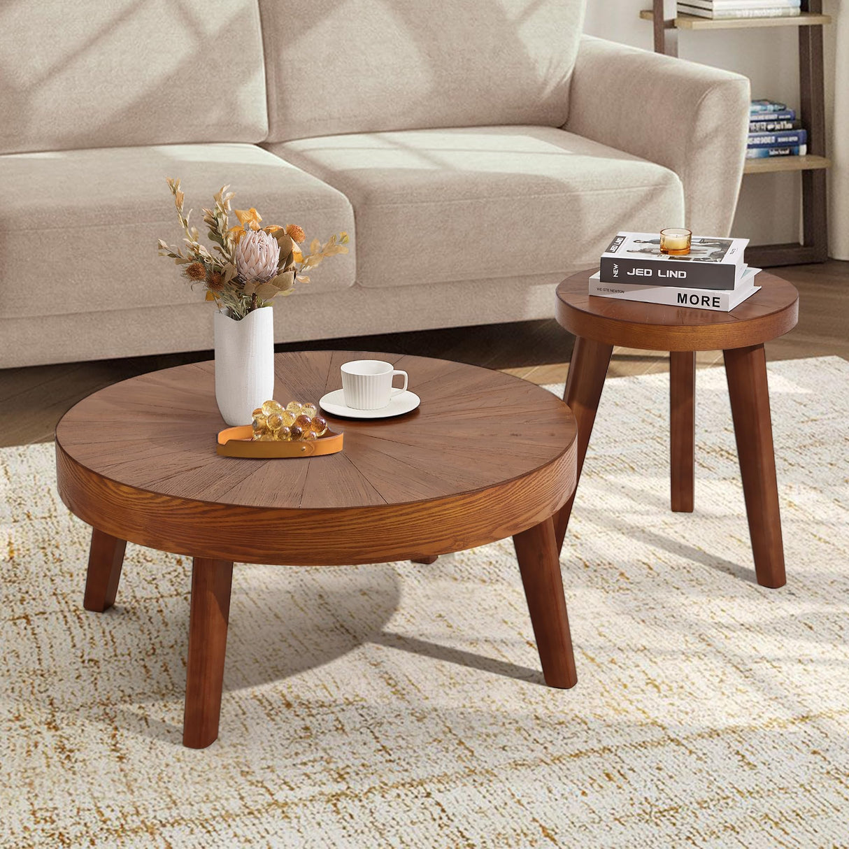 Farmhouse Round Coffee Table Set of 3, Boho Sofa Side Nesting Tables End Table Set