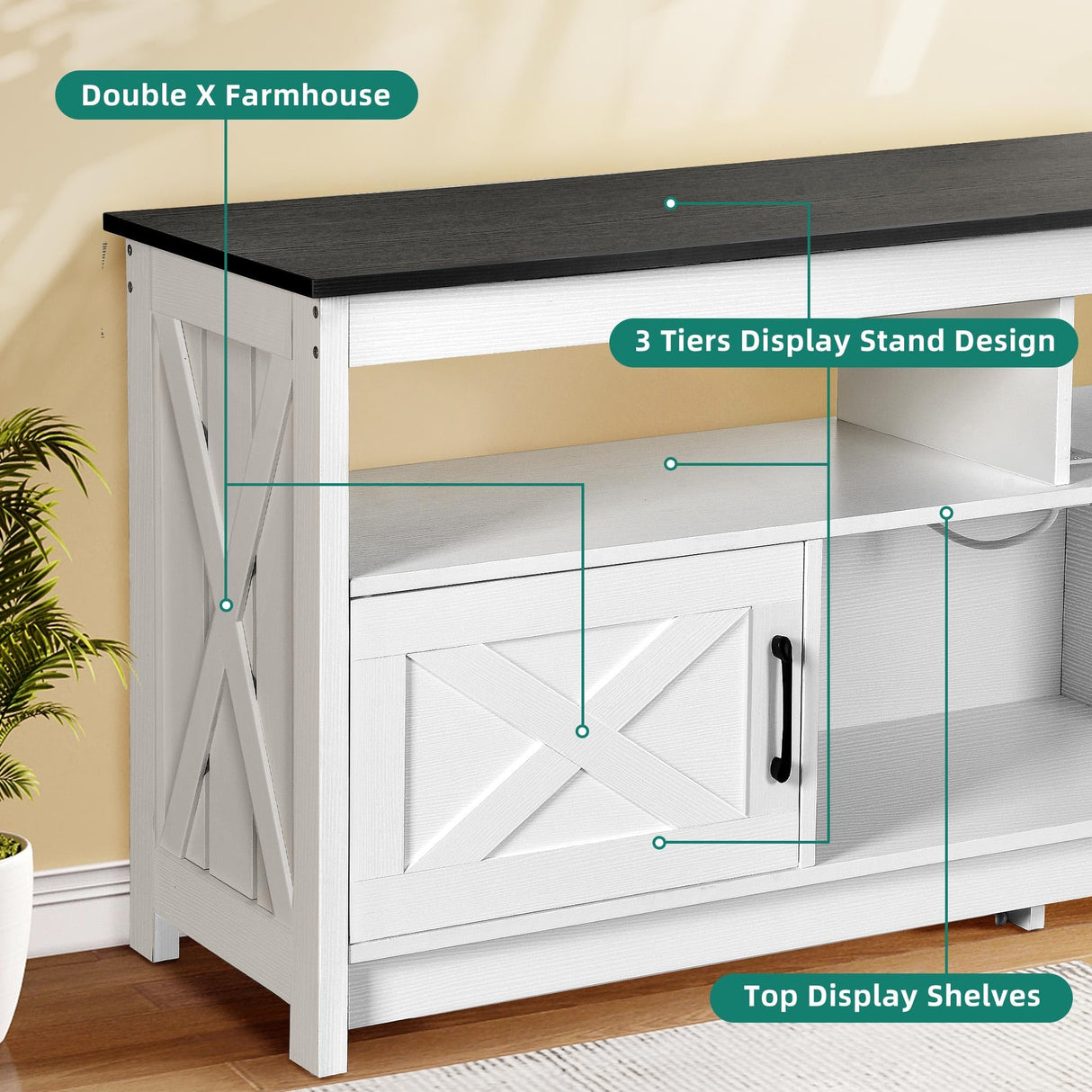 Farmhouse TV Stand for 65 inch TV with Power Outlet, Rustic Entertainment Center