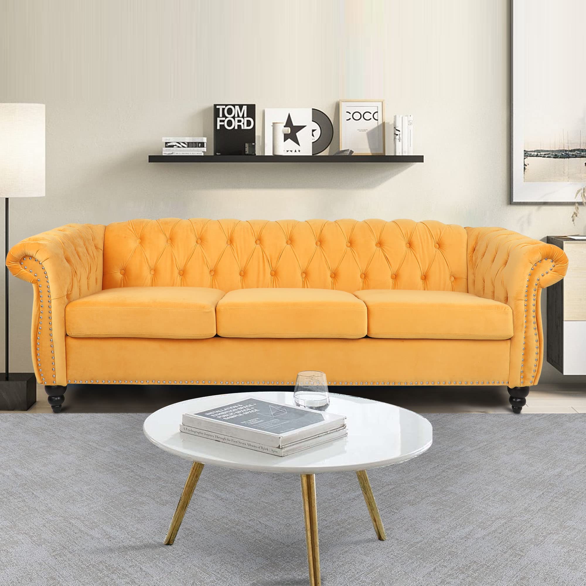 Large Sofa, Velvet Sofa Three-seat Sofa Classic Tufted Chesterfield Settee Sofa