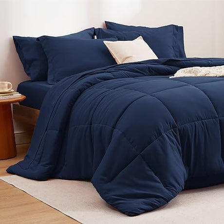 Navy Full Size Bed in a Bag - 7 Pieces Reversible Comforter Set Full Bed Set