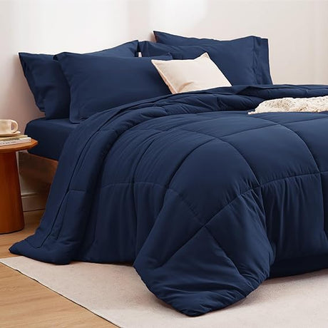 Navy California King Comforter Set - 7 Pieces Reversible Bed Set