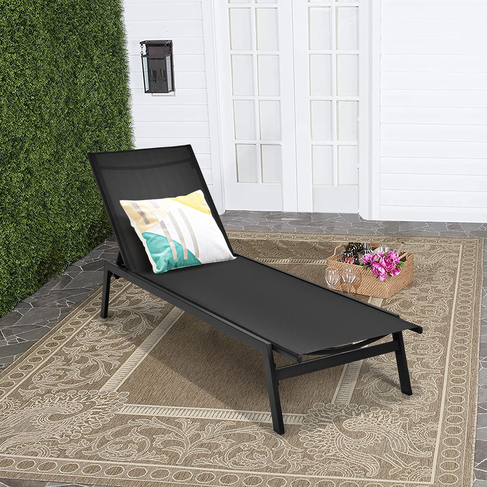 Outdoor Chaise Lounge Chair, 6-Position Adjustable Reclining Chair with Breathable