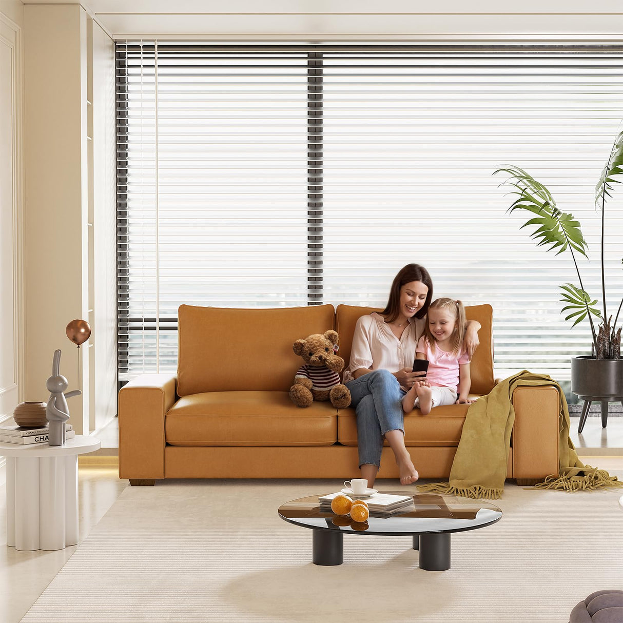 Faux Leather Couch, Mid Century Modern Comfy Loveseat Sofa with Wide Arm