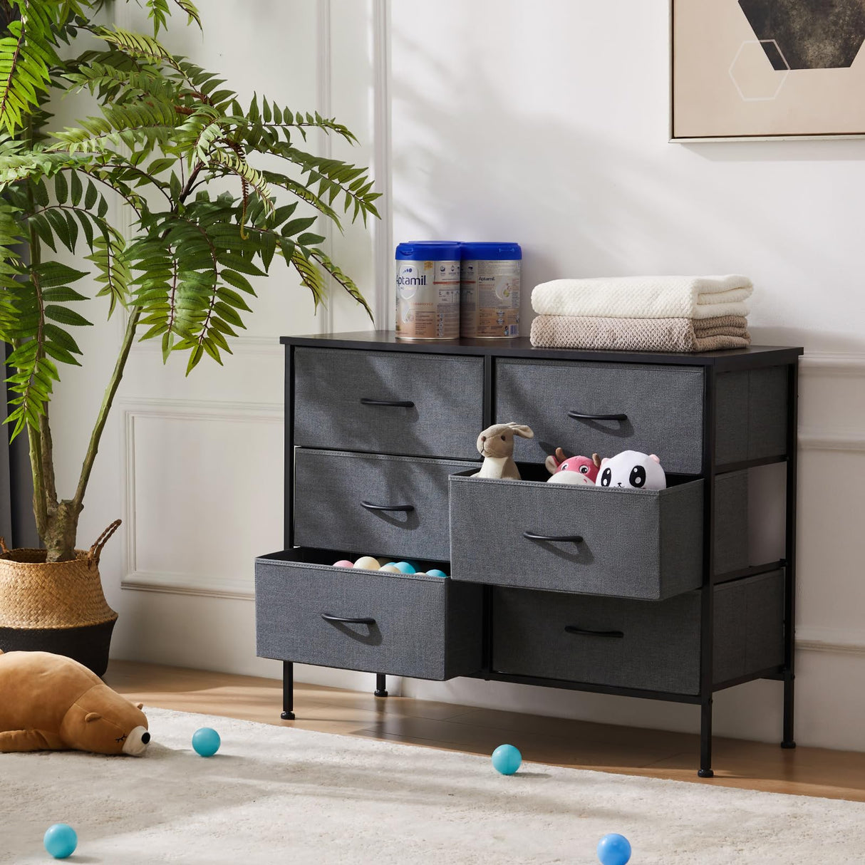 Sweetcrispy 6 Drawer Dresser for Bedroom, Fabric Chest of Drawers Dressers, Storage Tower Unit with Fabric Bins, Bedroom Dresser for Closet, Living Room, Hallway, Wood Top, Steel Frame, Grey