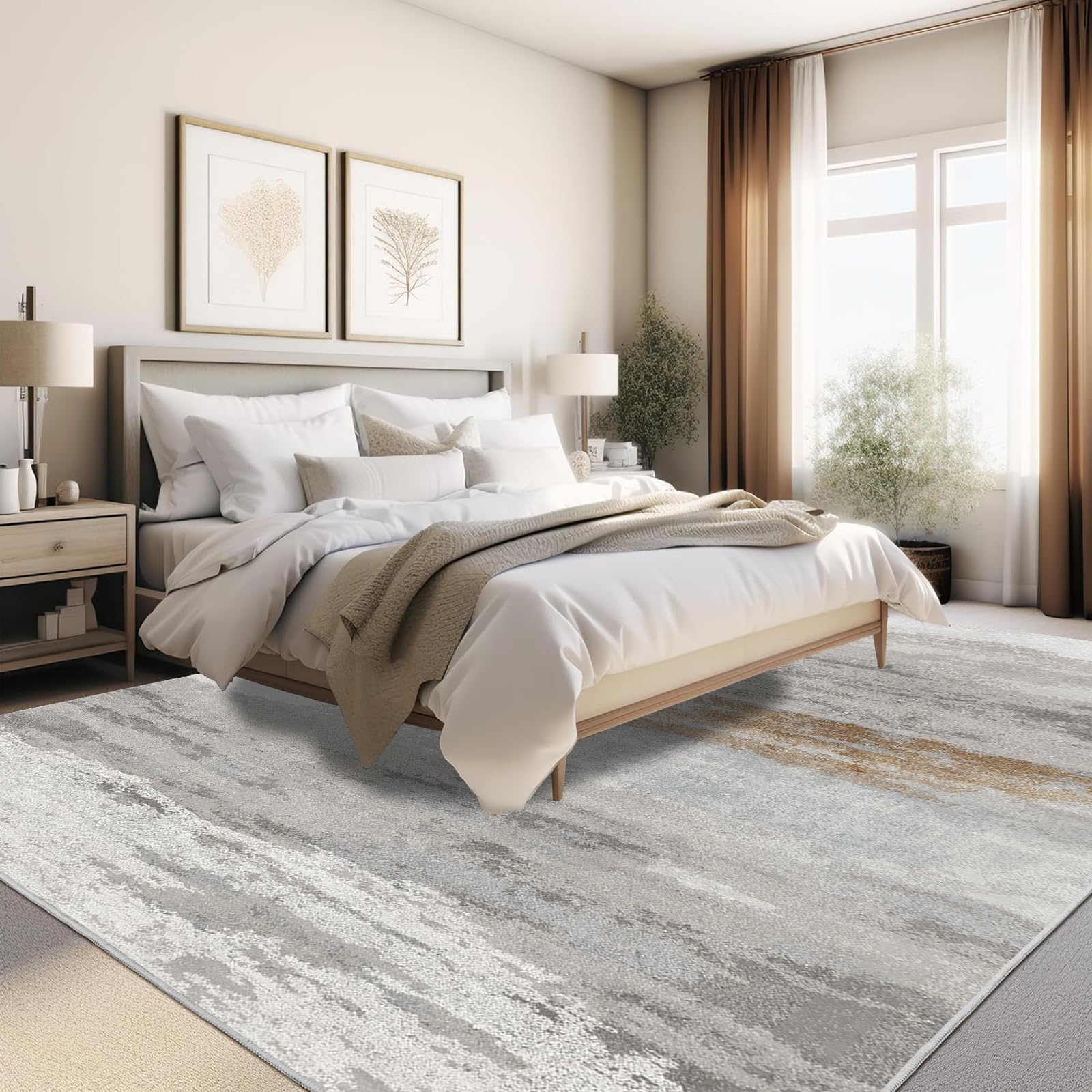 Enkor Area Rugs 9x12 Washable Non Slip Abstract Soft Rugs for Living Room Bedroom, Modern Mat for Kitchen Entryway Brown & White