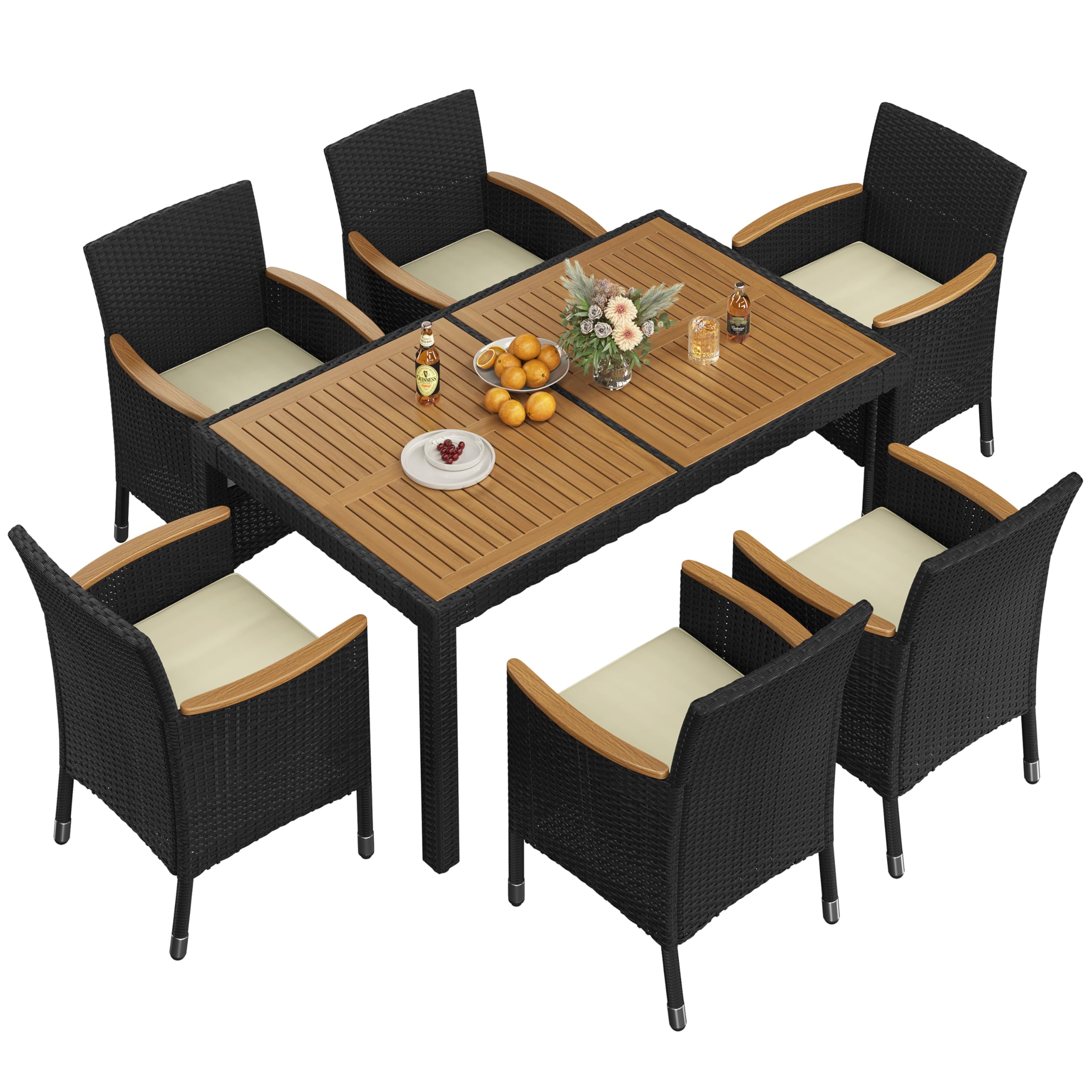 7 Piece Patio Furniture Set, Outdoor Dining Acacia Wood Table Top Rattan Conversation