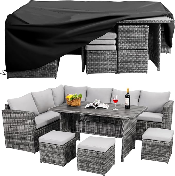 Patio Furniture Set with Cover, 7 Pieces Outdoor Sectional Sofa Conversation Set All Weather Wicker Rattan Couch Dining Table & Chair with Ottoman, Dark Blue